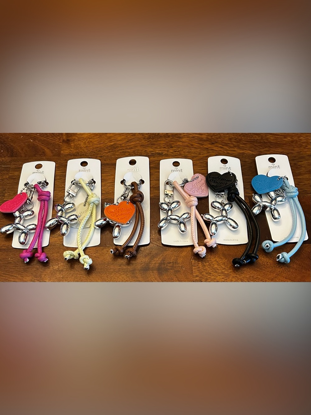 Mint SET OF SIX Silver Balloon Dog Keychain Bag Charm w/Clasp, Strap & Heart Tag
